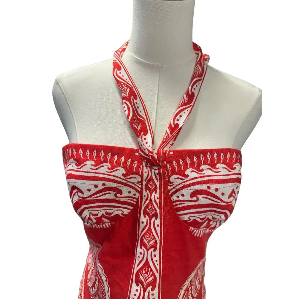 Farm Rio Red Majestic Coconut Tree Euroflax Premium Linen Mini Dress - Picture 9 of 11